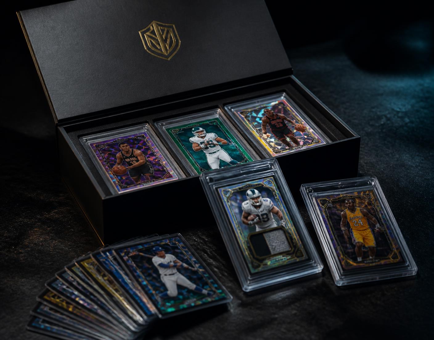 An open Cardie subscription box with graded sports cards fanned out